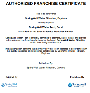Authorized Franchise Certificate - SpringWell Water Tech